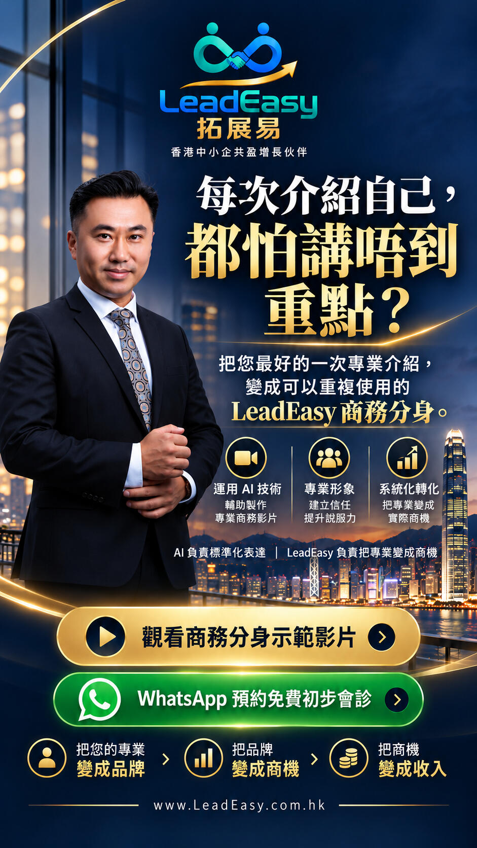 LeadEasy 商務分身主視覺，介紹可重複使用的專業商務影片，並列出觀看示範與 WhatsApp 預約免費初步會診。