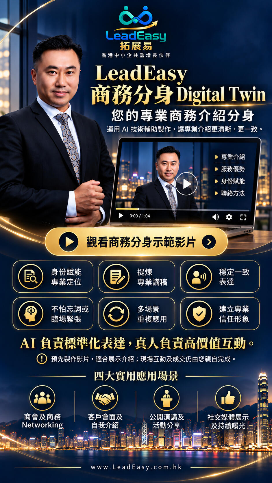 LeadEasy 商務分身 Digital Twin，結合專業定位、講稿整理及一致表達，適用於商會交流、客戶會面、活動分享及社交平台。預錄影片負責介紹，真人負責互動及成交。